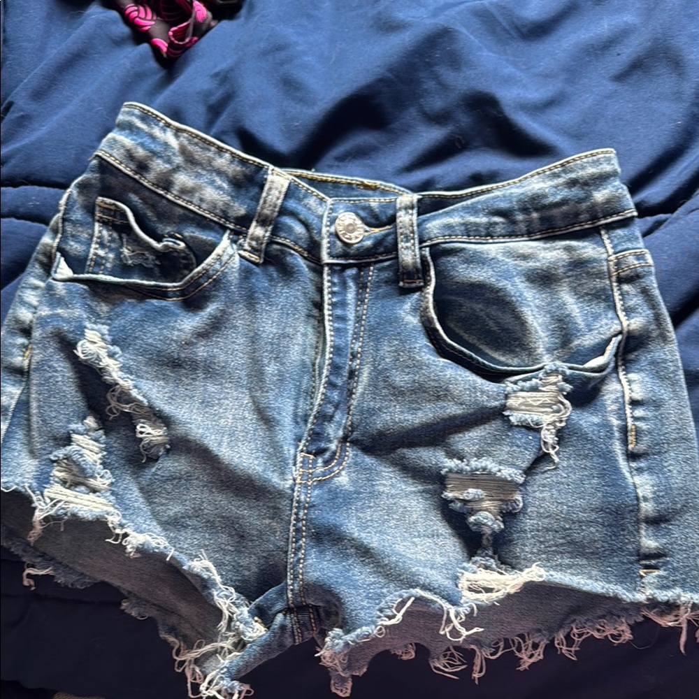 SHEIN Blue Distressed Jean Shorts with Frayed Hem